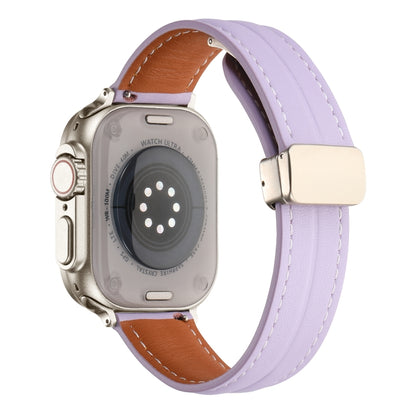 Folding Buckle Grooved Genuine Leather Watch Band For Apple Watch Ultra 49mm / Series 8&7 45mm / SE 2&6&SE&5&4 44mm / 3&2&1 42mm(Purple) by bashfashion