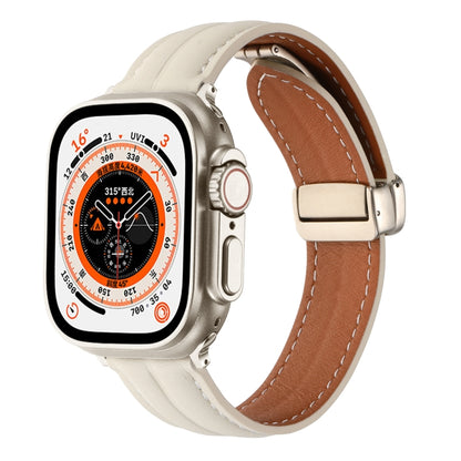 Folding Buckle Grooved Genuine Leather Watch Band For Apple Watch Ultra 49mm / Series 8&7 45mm / SE 2&6&SE&5&4 44mm / 3&2&1 42mm(Beige) by bashfashion