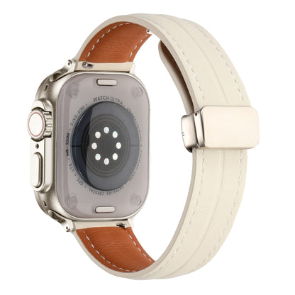 Folding Buckle Grooved Genuine Leather Watch Band For Apple Watch Ultra 49mm / Series 8&7 45mm / SE 2&6&SE&5&4 44mm / 3&2&1 42mm(Beige) by bashfashion