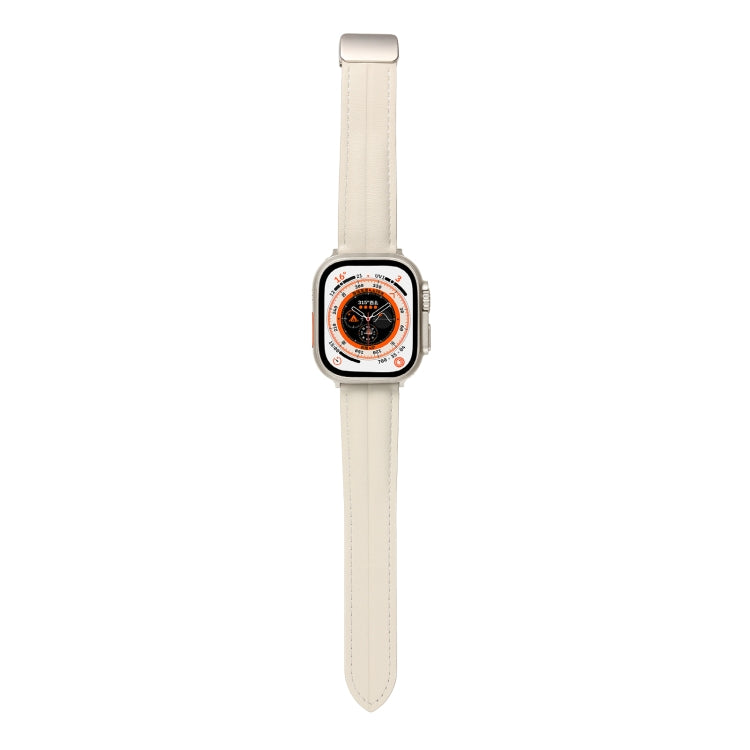 Folding Buckle Grooved Genuine Leather Watch Band For Apple Watch Ultra 49mm / Series 8&7 45mm / SE 2&6&SE&5&4 44mm / 3&2&1 42mm(Beige) by bashfashion