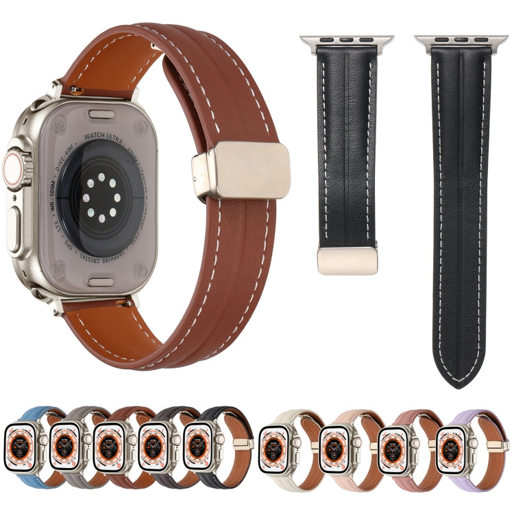 Folding Buckle Grooved Genuine Leather Watch Band For Apple Watch Ultra 49mm / Series 8&7 45mm / SE 2&6&SE&5&4 44mm / 3&2&1 42mm(Brown) by bashfashion