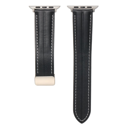Folding Buckle Grooved Genuine Leather Watch Band For Apple Watch Ultra 49mm / Series 8&7 45mm / SE 2&6&SE&5&4 44mm / 3&2&1 42mm(Blue) by bashfashion