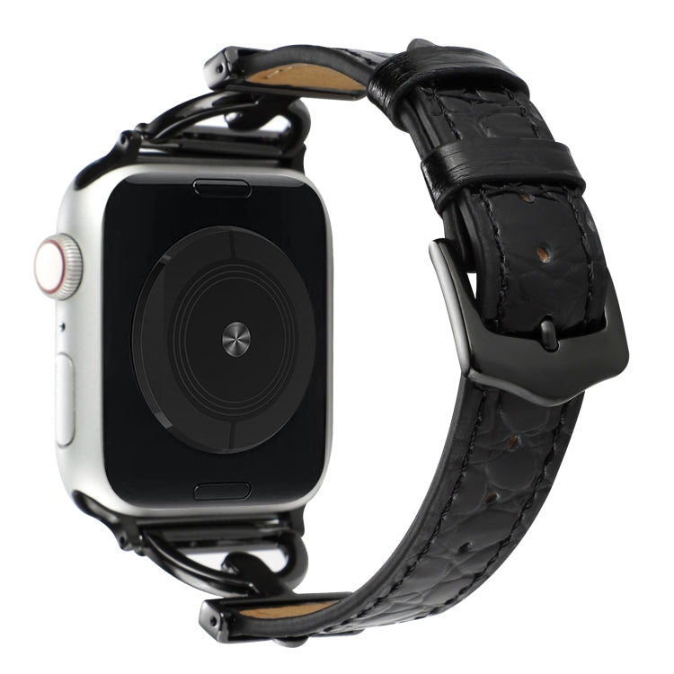D-Buckle Cocodile Genuine Leather Watch Band For Apple Watch Ultra 49mm&Watch Ultra 2 49mm / Series 9&8&7 45mm / SE 3&SE 2&6&SE&5&4 44mm / 3&2&1 42mm(Black) by bashfashion
