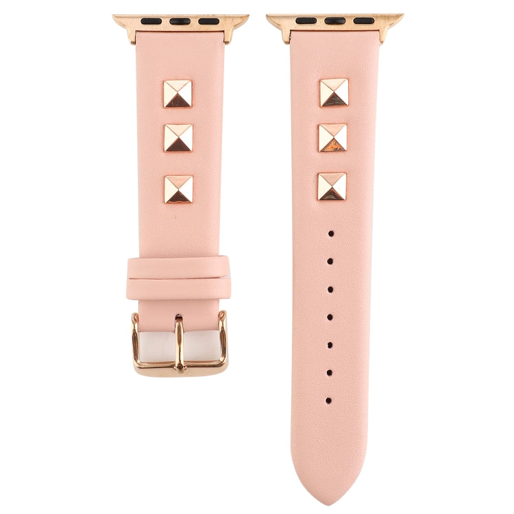 Single Row Riveted Genuine Leather Watch Band For Apple Watch Ultra 49mm&Watch Ultra 2 49mm / Series 9&8&7 45mm / SE 3&SE 2&6&SE&5&4 44mm / 3&2&1 42mm(Pink Rose Gold) by bashfashion