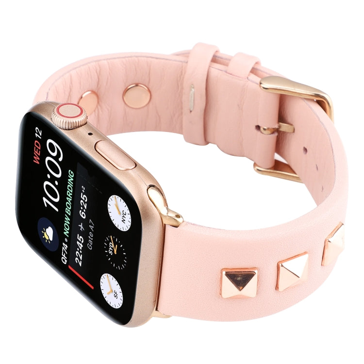 Single Row Riveted Genuine Leather Watch Band For Apple Watch Ultra 49mm&Watch Ultra 2 49mm / Series 9&8&7 45mm / SE 3&SE 2&6&SE&5&4 44mm / 3&2&1 42mm(Pink Rose Gold) by bashfashion
