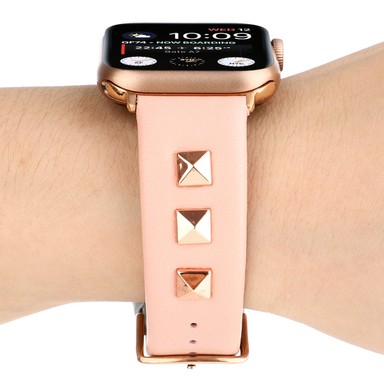 Single Row Riveted Genuine Leather Watch Band For Apple Watch Ultra 49mm&Watch Ultra 2 49mm / Series 9&8&7 45mm / SE 3&SE 2&6&SE&5&4 44mm / 3&2&1 42mm(Pink Rose Gold) by bashfashion