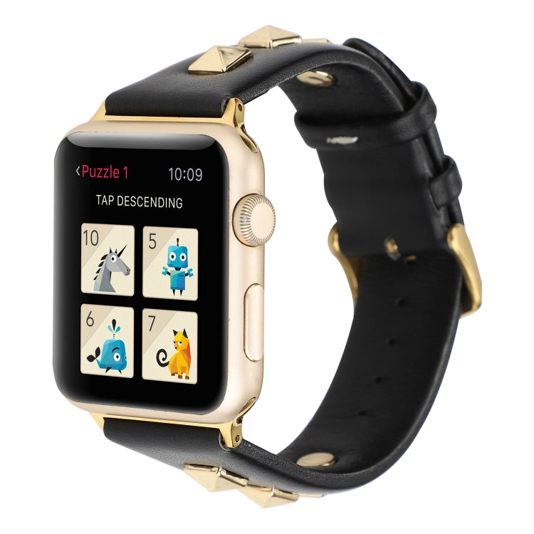 Single Row Riveted Genuine Leather Watch Band For Apple Watch Ultra 49mm&Watch Ultra 2 49mm / Series 9&8&7 45mm / SE 3&SE 2&6&SE&5&4 44mm / 3&2&1 42mm(Black Gold) by bashfashion