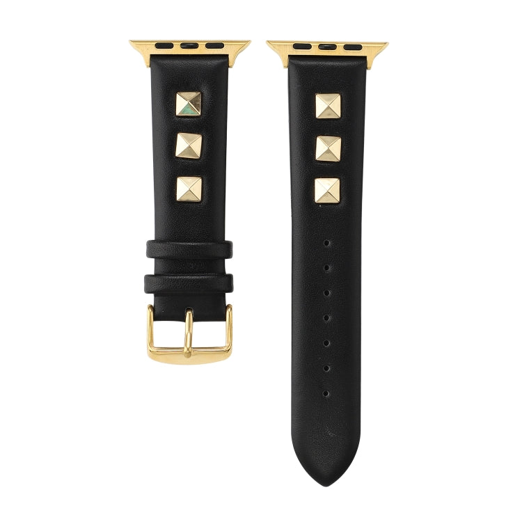 Single Row Riveted Genuine Leather Watch Band For Apple Watch Ultra 49mm&Watch Ultra 2 49mm / Series 9&8&7 45mm / SE 3&SE 2&6&SE&5&4 44mm / 3&2&1 42mm(Black Gold) by bashfashion