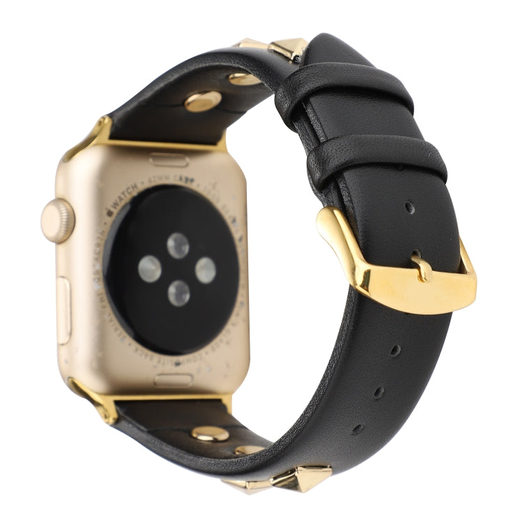 Single Row Riveted Genuine Leather Watch Band For Apple Watch Ultra 49mm&Watch Ultra 2 49mm / Series 9&8&7 45mm / SE 3&SE 2&6&SE&5&4 44mm / 3&2&1 42mm(Black Gold) by bashfashion