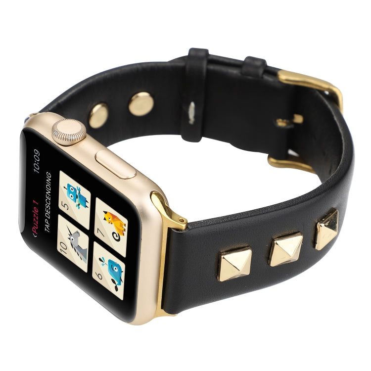 Single Row Riveted Genuine Leather Watch Band For Apple Watch Ultra 49mm&Watch Ultra 2 49mm / Series 9&8&7 45mm / SE 3&SE 2&6&SE&5&4 44mm / 3&2&1 42mm(Black Gold) by bashfashion