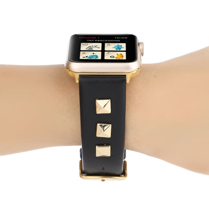 Single Row Riveted Genuine Leather Watch Band For Apple Watch Ultra 49mm&Watch Ultra 2 49mm / Series 9&8&7 45mm / SE 3&SE 2&6&SE&5&4 44mm / 3&2&1 42mm(Black Gold) by bashfashion