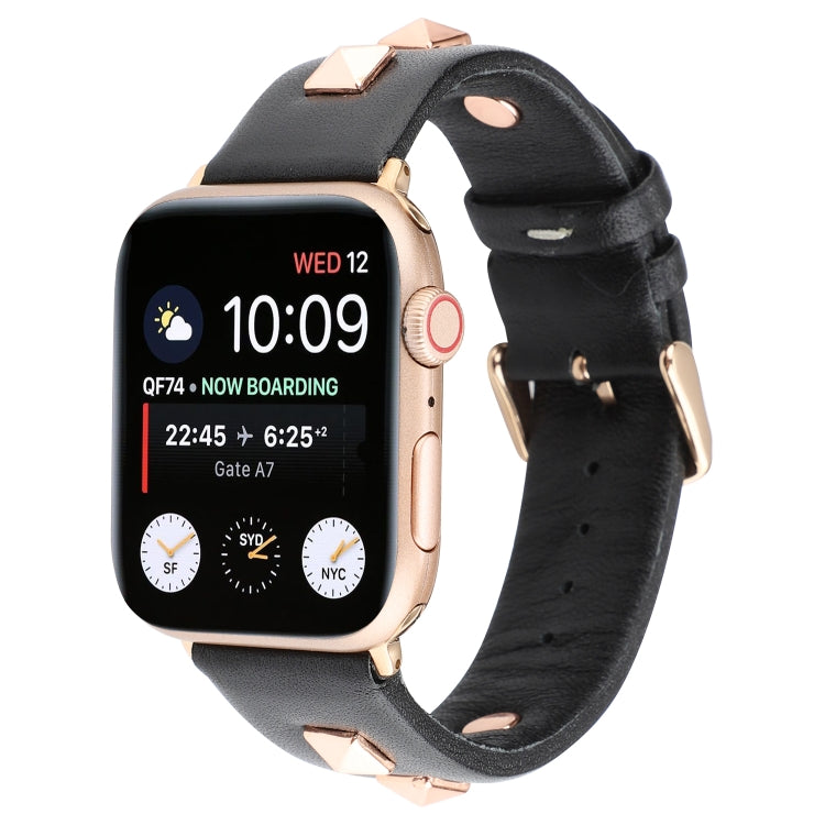 Single Row Riveted Genuine Leather Watch Band For Apple Watch Ultra 49mm&Watch Ultra 2 49mm / Series 9&8&7 45mm / SE 3&SE 2&6&SE&5&4 44mm / 3&2&1 42mm(Black Rose Gold) by bashfashion