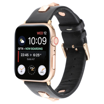 Single Row Riveted Genuine Leather Watch Band For Apple Watch Ultra 49mm&Watch Ultra 2 49mm / Series 9&8&7 45mm / SE 3&SE 2&6&SE&5&4 44mm / 3&2&1 42mm(Black Rose Gold) by bashfashion