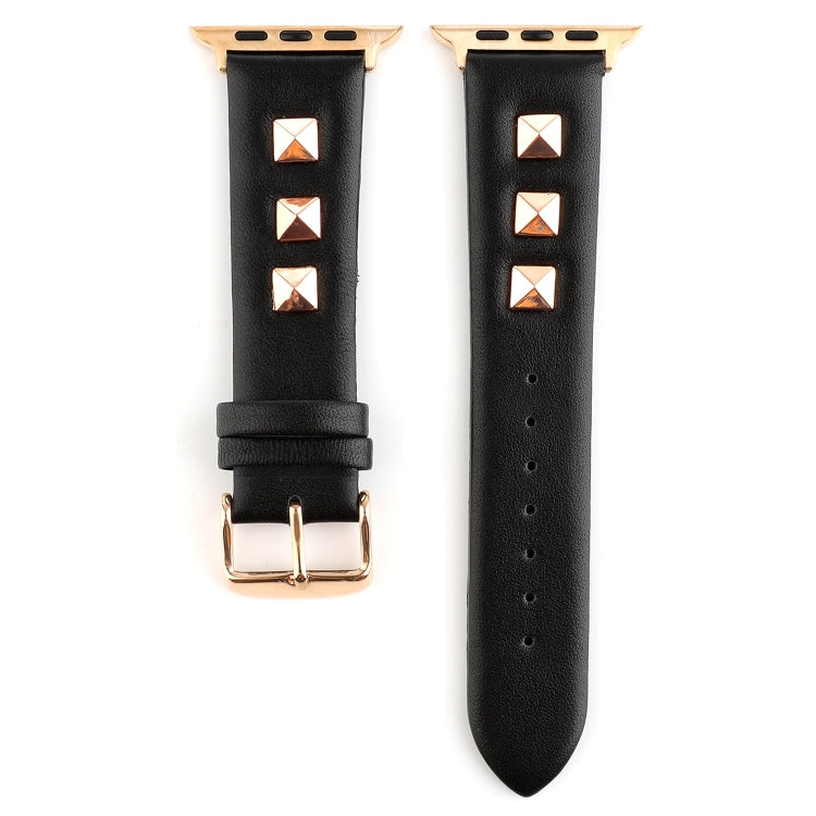 Single Row Riveted Genuine Leather Watch Band For Apple Watch Ultra 49mm&Watch Ultra 2 49mm / Series 9&8&7 45mm / SE 3&SE 2&6&SE&5&4 44mm / 3&2&1 42mm(Black Rose Gold) by bashfashion