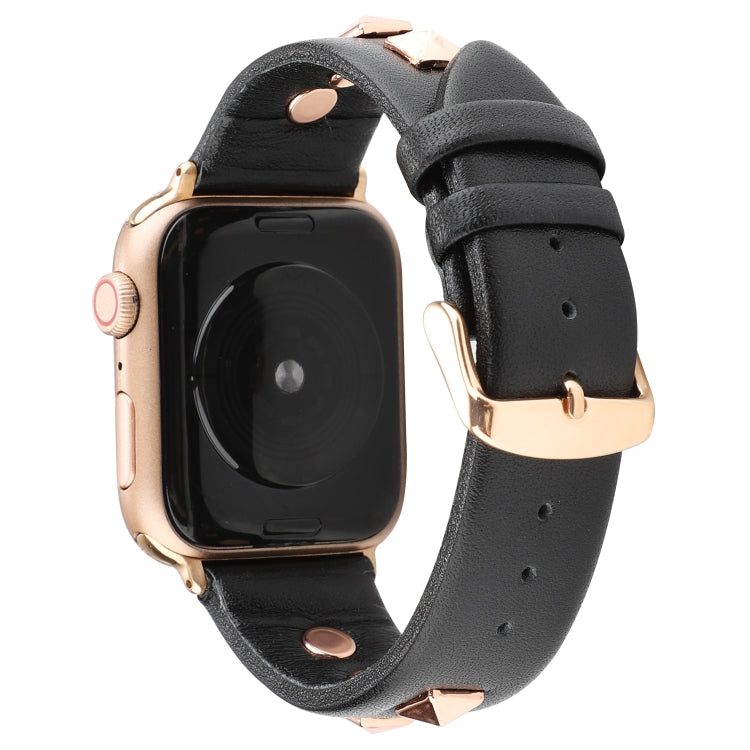 Single Row Riveted Genuine Leather Watch Band For Apple Watch Ultra 49mm&Watch Ultra 2 49mm / Series 9&8&7 45mm / SE 3&SE 2&6&SE&5&4 44mm / 3&2&1 42mm(Black Rose Gold) by bashfashion