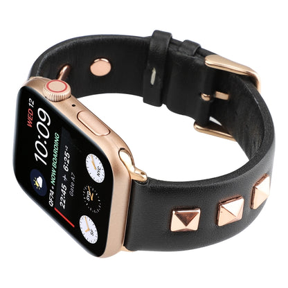 Single Row Riveted Genuine Leather Watch Band For Apple Watch Ultra 49mm&Watch Ultra 2 49mm / Series 9&8&7 45mm / SE 3&SE 2&6&SE&5&4 44mm / 3&2&1 42mm(Black Rose Gold) by bashfashion