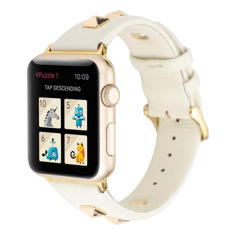 Single Row Riveted Genuine Leather Watch Band For Apple Watch Ultra 49mm&Watch Ultra 2 49mm / Series 9&8&7 45mm / SE 3&SE 2&6&SE&5&4 44mm / 3&2&1 42mm(Beige Gold) by bashfashion