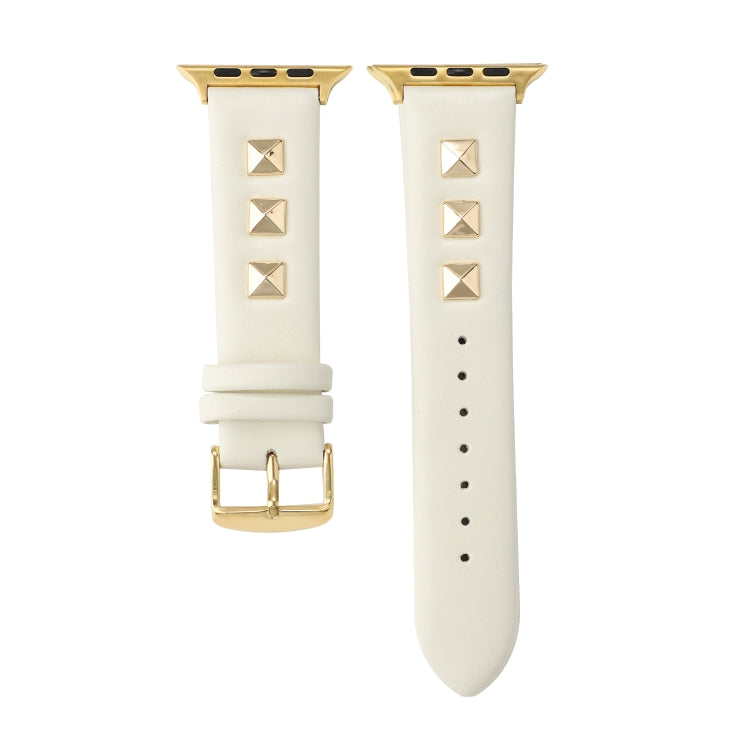 Single Row Riveted Genuine Leather Watch Band For Apple Watch Ultra 49mm&Watch Ultra 2 49mm / Series 9&8&7 45mm / SE 3&SE 2&6&SE&5&4 44mm / 3&2&1 42mm(Beige Gold) by bashfashion