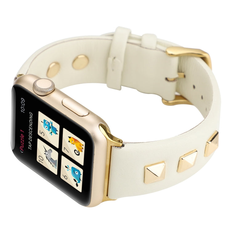 Single Row Riveted Genuine Leather Watch Band For Apple Watch Ultra 49mm&Watch Ultra 2 49mm / Series 9&8&7 45mm / SE 3&SE 2&6&SE&5&4 44mm / 3&2&1 42mm(Beige Gold) by bashfashion