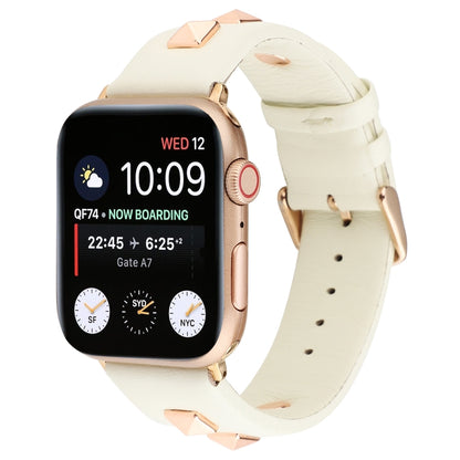 Single Row Riveted Genuine Leather Watch Band For Apple Watch Ultra 49mm&Watch Ultra 2 49mm / Series 9&8&7 45mm / SE 3&SE 2&6&SE&5&4 44mm / 3&2&1 42mm(Beige Rose Gold) by bashfashion