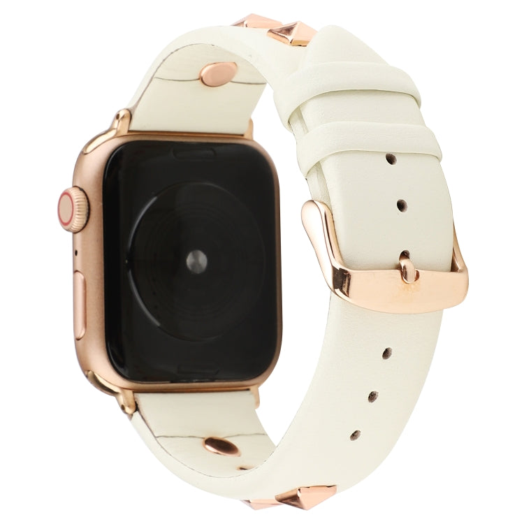 Single Row Riveted Genuine Leather Watch Band For Apple Watch Ultra 49mm&Watch Ultra 2 49mm / Series 9&8&7 45mm / SE 3&SE 2&6&SE&5&4 44mm / 3&2&1 42mm(Beige Rose Gold) by bashfashion