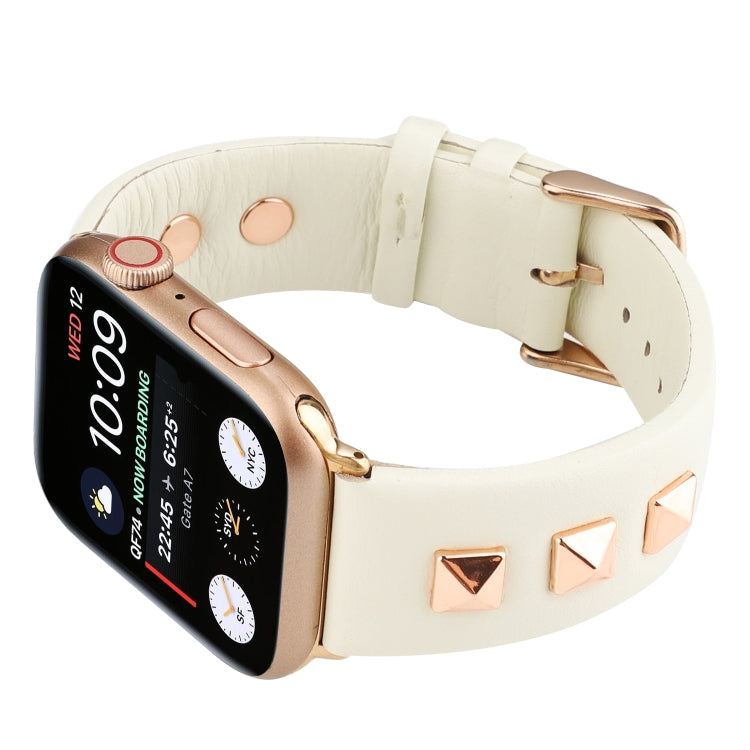 Single Row Riveted Genuine Leather Watch Band For Apple Watch Ultra 49mm&Watch Ultra 2 49mm / Series 9&8&7 45mm / SE 3&SE 2&6&SE&5&4 44mm / 3&2&1 42mm(Beige Rose Gold) by bashfashion