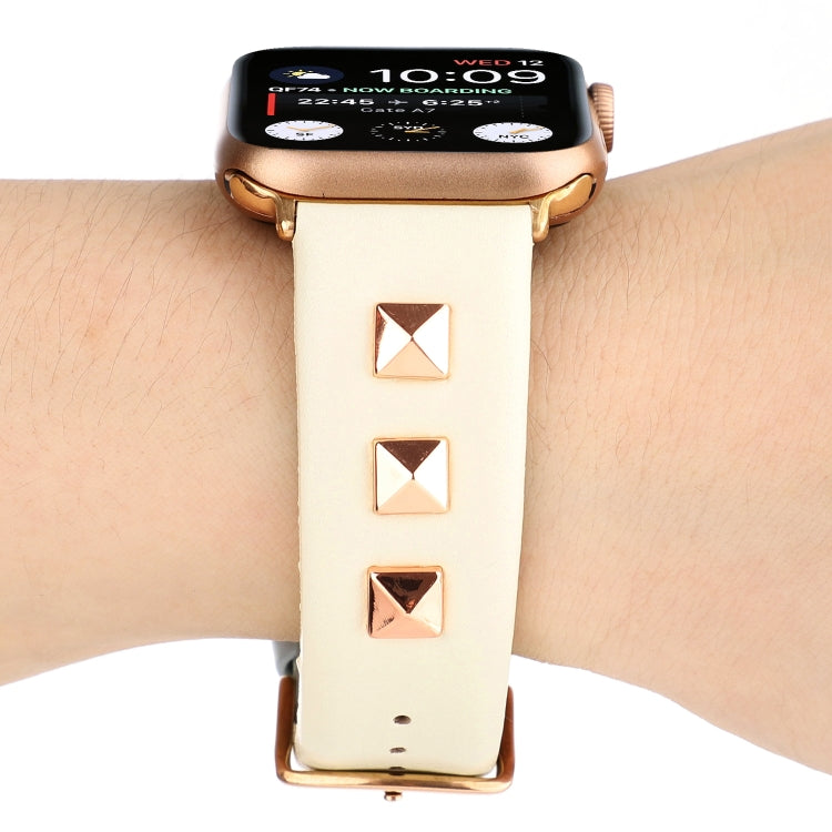 Single Row Riveted Genuine Leather Watch Band For Apple Watch Ultra 49mm&Watch Ultra 2 49mm / Series 9&8&7 45mm / SE 3&SE 2&6&SE&5&4 44mm / 3&2&1 42mm(Beige Rose Gold) by bashfashion