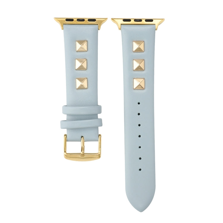 Single Row Riveted Genuine Leather Watch Band For Apple Watch Ultra 49mm&Watch Ultra 2 49mm / Series 9&8&7 45mm / SE 3&SE 2&6&SE&5&4 44mm / 3&2&1 42mm(Light Blue Gold) by bashfashion