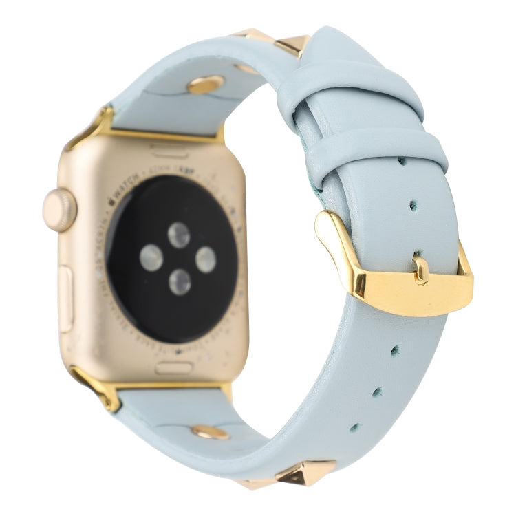Single Row Riveted Genuine Leather Watch Band For Apple Watch Ultra 49mm&Watch Ultra 2 49mm / Series 9&8&7 45mm / SE 3&SE 2&6&SE&5&4 44mm / 3&2&1 42mm(Light Blue Gold) by bashfashion