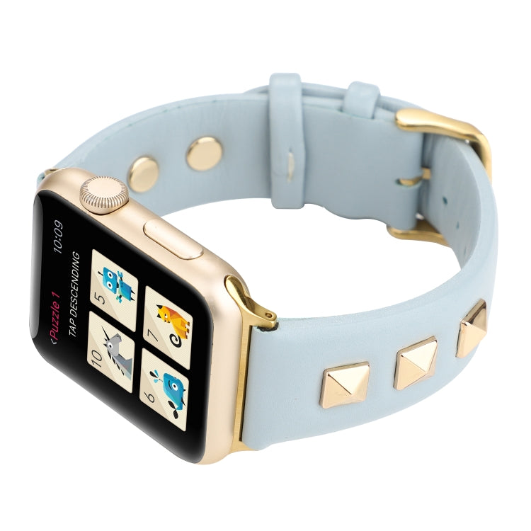 Single Row Riveted Genuine Leather Watch Band For Apple Watch Ultra 49mm&Watch Ultra 2 49mm / Series 9&8&7 45mm / SE 3&SE 2&6&SE&5&4 44mm / 3&2&1 42mm(Light Blue Gold) by bashfashion