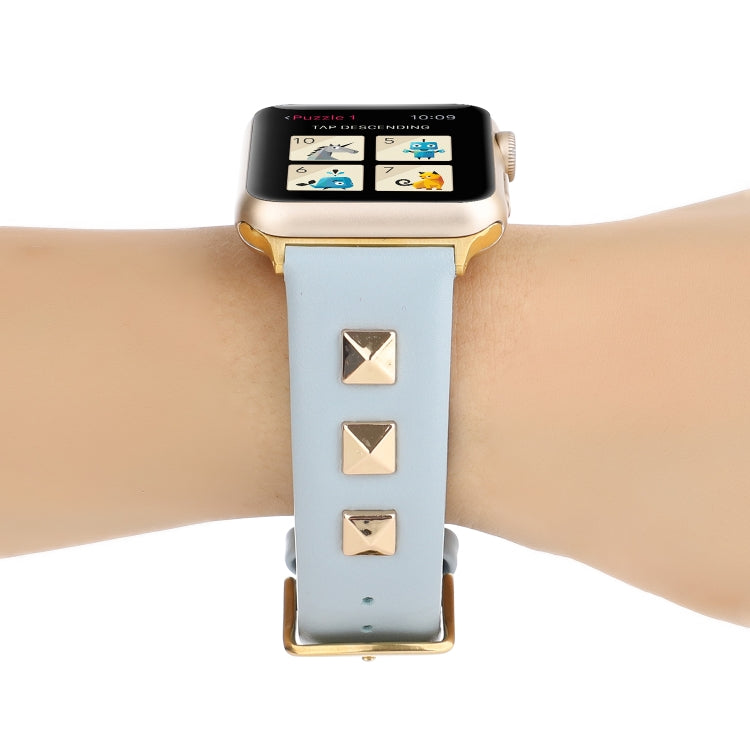 Single Row Riveted Genuine Leather Watch Band For Apple Watch Ultra 49mm&Watch Ultra 2 49mm / Series 9&8&7 45mm / SE 3&SE 2&6&SE&5&4 44mm / 3&2&1 42mm(Light Blue Gold) by bashfashion