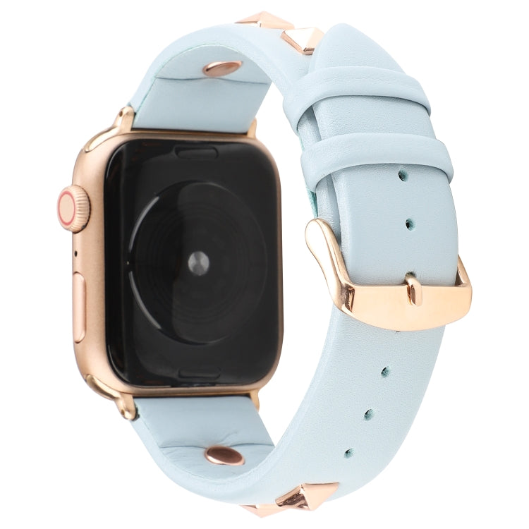 Single Row Riveted Genuine Leather Watch Band For Apple Watch Ultra 49mm&Watch Ultra 2 49mm / Series 9&8&7 45mm / SE 3&SE 2&6&SE&5&4 44mm / 3&2&1 42mm(Light Blue Rose Gold) by bashfashion