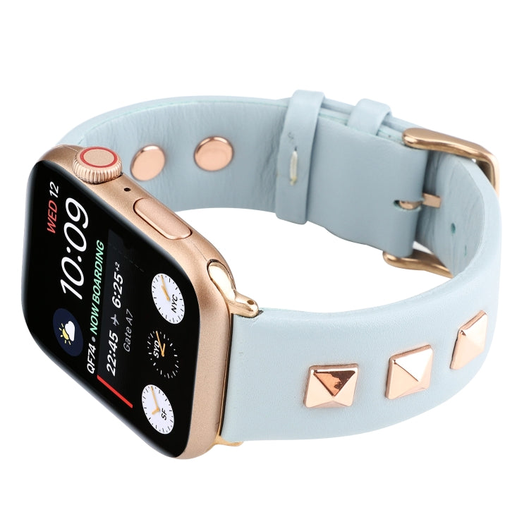 Single Row Riveted Genuine Leather Watch Band For Apple Watch Ultra 49mm&Watch Ultra 2 49mm / Series 9&8&7 45mm / SE 3&SE 2&6&SE&5&4 44mm / 3&2&1 42mm(Light Blue Rose Gold) by bashfashion