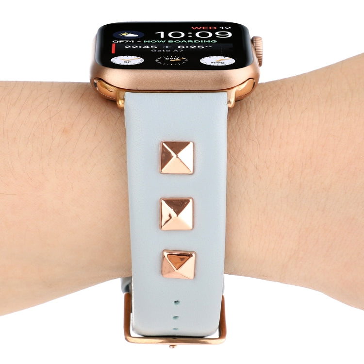 Single Row Riveted Genuine Leather Watch Band For Apple Watch Ultra 49mm&Watch Ultra 2 49mm / Series 9&8&7 45mm / SE 3&SE 2&6&SE&5&4 44mm / 3&2&1 42mm(Light Blue Rose Gold) by bashfashion