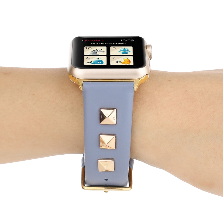 Single Row Riveted Genuine Leather Watch Band For Apple Watch Ultra 49mm&Watch Ultra 2 49mm / Series 9&8&7 45mm / SE 3&SE 2&6&SE&5&4 44mm / 3&2&1 42mm(Dark Blue Gold) by bashfashion