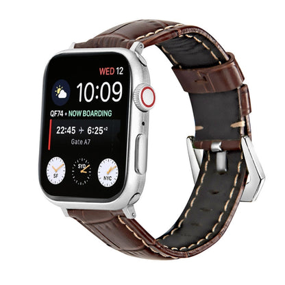 For Apple Watch Ultra 49mm&Watch Ultra 2 49mm / Series 9&8&7 45mm / SE 3&SE 2&6&SE&5&4 44mm / 3&2&1 42mm Silver Buckle Genuine Leather Watch Band(Crocodile Brown) by bashfashion