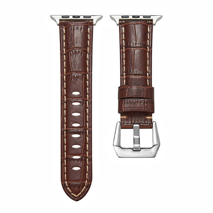 For Apple Watch Ultra 49mm&Watch Ultra 2 49mm / Series 9&8&7 45mm / SE 3&SE 2&6&SE&5&4 44mm / 3&2&1 42mm Silver Buckle Genuine Leather Watch Band(Crocodile Brown) by bashfashion