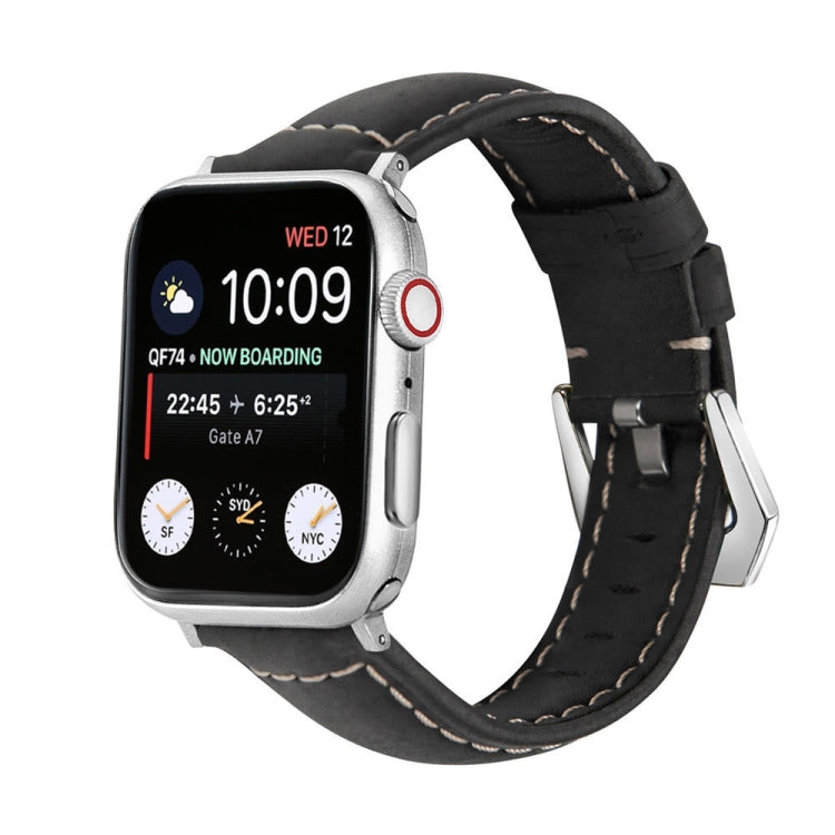 For Apple Watch Ultra 49mm&Watch Ultra 2 49mm / Series 9&8&7 45mm / SE 3&SE 2&6&SE&5&4 44mm / 3&2&1 42mm Silver Buckle Genuine Leather Watch Band(Frosted Black) by bashfashion