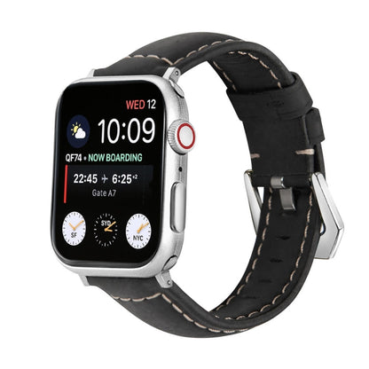 For Apple Watch Ultra 49mm&Watch Ultra 2 49mm / Series 9&8&7 45mm / SE 3&SE 2&6&SE&5&4 44mm / 3&2&1 42mm Silver Buckle Genuine Leather Watch Band(Frosted Black) by bashfashion