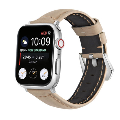 For Apple Watch Ultra 49mm&Watch Ultra 2 49mm / Series 9&8&7 45mm / SE 3&SE 2&6&SE&5&4 44mm / 3&2&1 42mm Silver Buckle Genuine Leather Watch Band(Frosted Beige) by bashfashion