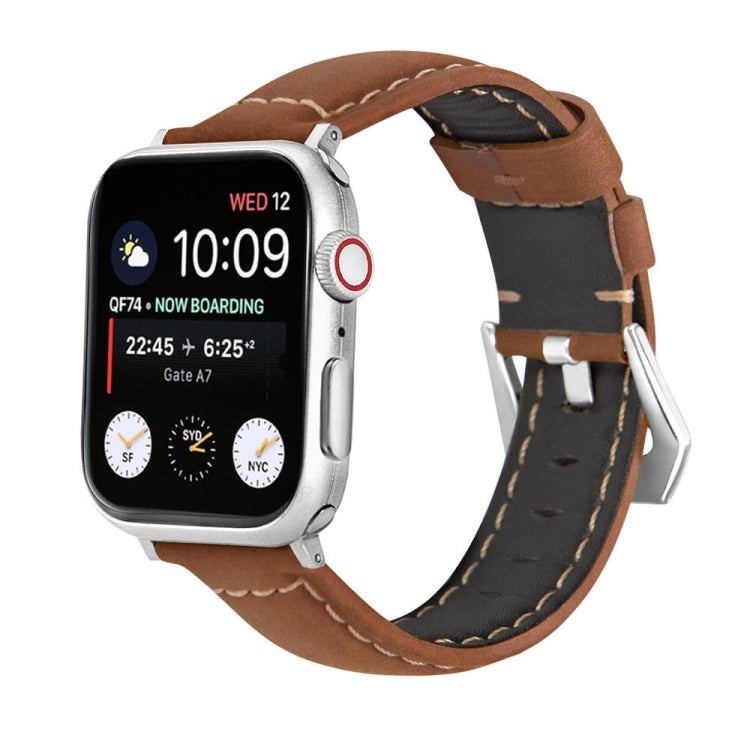 For Apple Watch Ultra 49mm&Watch Ultra 2 49mm / Series 9&8&7 45mm / SE 3&SE 2&6&SE&5&4 44mm / 3&2&1 42mm Silver Buckle Genuine Leather Watch Band(Frosted Brown) by bashfashion