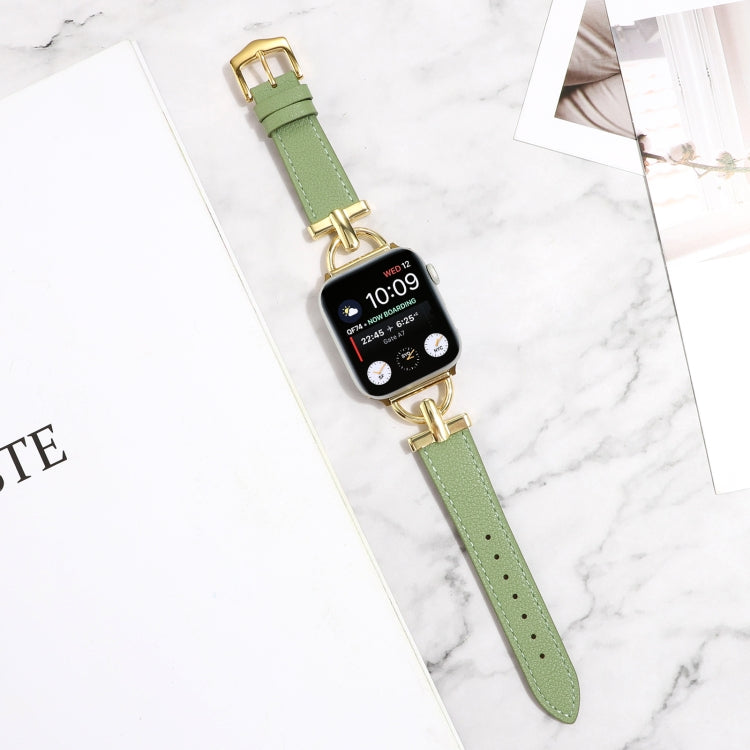 For Apple Watch Ultra 49mm&Watch Ultra 2 49mm / Series 9&8&7 45mm / SE 3&SE 2&6&SE&5&4 44mm / 3&2&1 42mm D-Buckle Plain Genuine Leather Watch Band(Green) by bashfashion