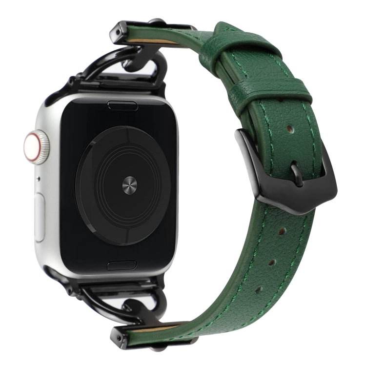 For Apple Watch Ultra 49mm&Watch Ultra 2 49mm / Series 9&8&7 45mm / SE 3&SE 2&6&SE&5&4 44mm / 3&2&1 42mm D-Buckle Plain Genuine Leather Watch Band(Dark Green) by bashfashion
