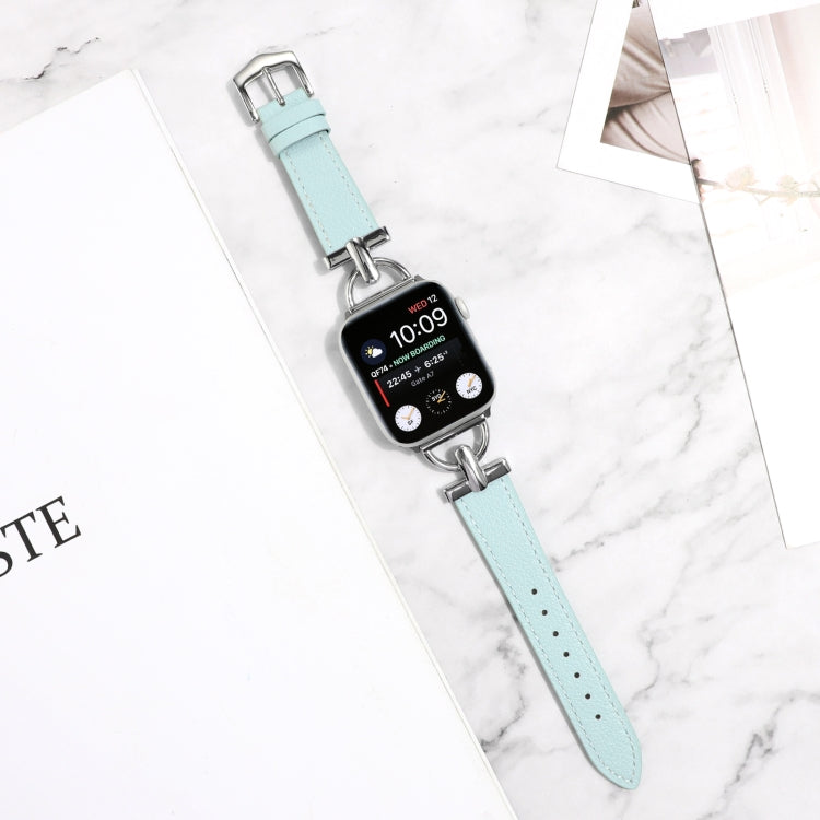 For Apple Watch Ultra 49mm&Watch Ultra 2 49mm / Series 9&8&7 45mm / SE 3&SE 2&6&SE&5&4 44mm / 3&2&1 42mm D-Buckle Plain Genuine Leather Watch Band(Light Blue) by bashfashion