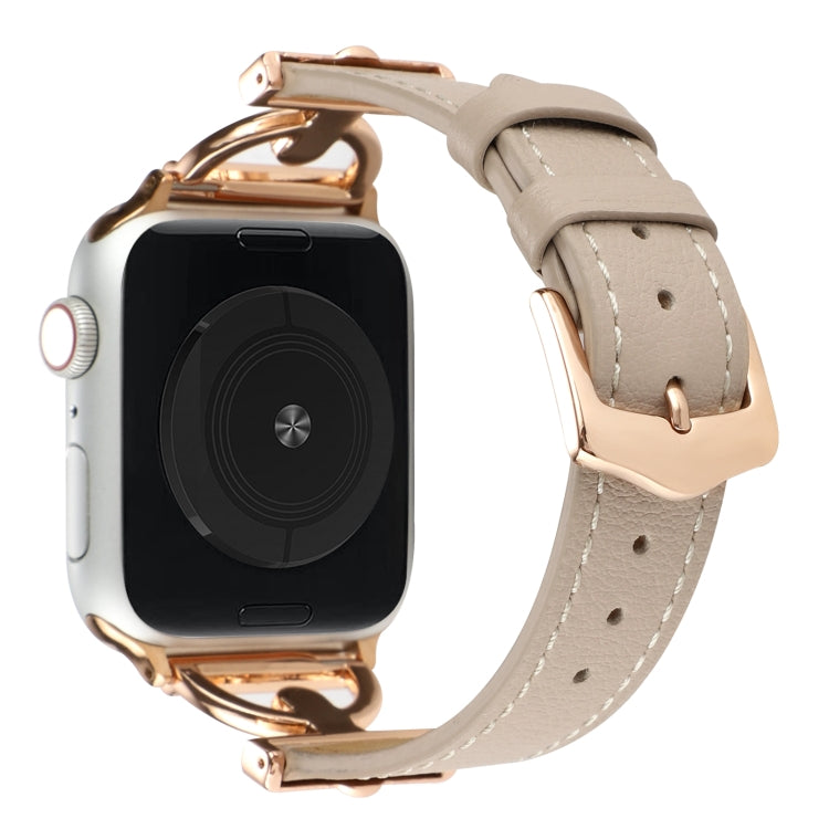 For Apple Watch Ultra 49mm&Watch Ultra 2 49mm / Series 9&8&7 45mm / SE 3&SE 2&6&SE&5&4 44mm / 3&2&1 42mm D-Buckle Plain Genuine Leather Watch Band(Apricot) by bashfashion