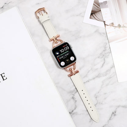 For Apple Watch Ultra 49mm&Watch Ultra 2 49mm / Series 9&8&7 45mm / SE 3&SE 2&6&SE&5&4 44mm / 3&2&1 42mm D-Buckle Plain Genuine Leather Watch Band(White) by bashfashion