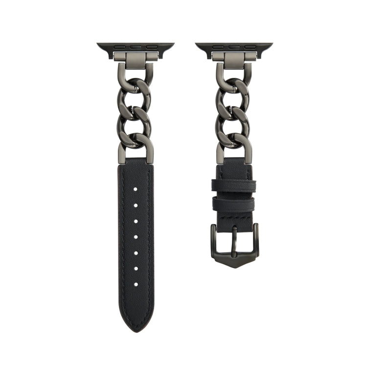 Chain + Leather Watch Band For Apple Watch Ultra 49mm&Watch Ultra 2 49mm / Series 9&8&7 45mm / SE 3&SE 2&6&SE&5&4 44mm / 3&2&1 42mm (Black+Black) by bashfashion
