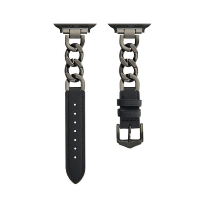 Chain + Leather Watch Band For Apple Watch Ultra 49mm&Watch Ultra 2 49mm / Series 9&8&7 45mm / SE 3&SE 2&6&SE&5&4 44mm / 3&2&1 42mm (Black+Black) by bashfashion