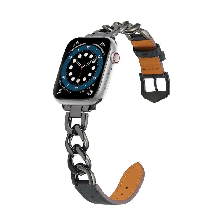 Chain + Leather Watch Band For Apple Watch Ultra 49mm&Watch Ultra 2 49mm / Series 9&8&7 45mm / SE 3&SE 2&6&SE&5&4 44mm / 3&2&1 42mm (Black+Black) by bashfashion