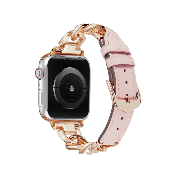 Chain + Leather Watch Band For Apple Watch Ultra 49mm&Watch Ultra 2 49mm / Series 9&8&7 45mm / SE 3&SE 2&6&SE&5&4 44mm / 3&2&1 42mm (Rose Gold + Pink) by bashfashion